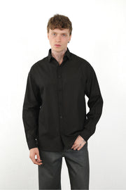 Keten Görünümlü %100 Pamuk Rahat Kalıp Düşük Omuz Erkek Sade Gömlek, Men's Plain Shirt | Renk: Siyah
