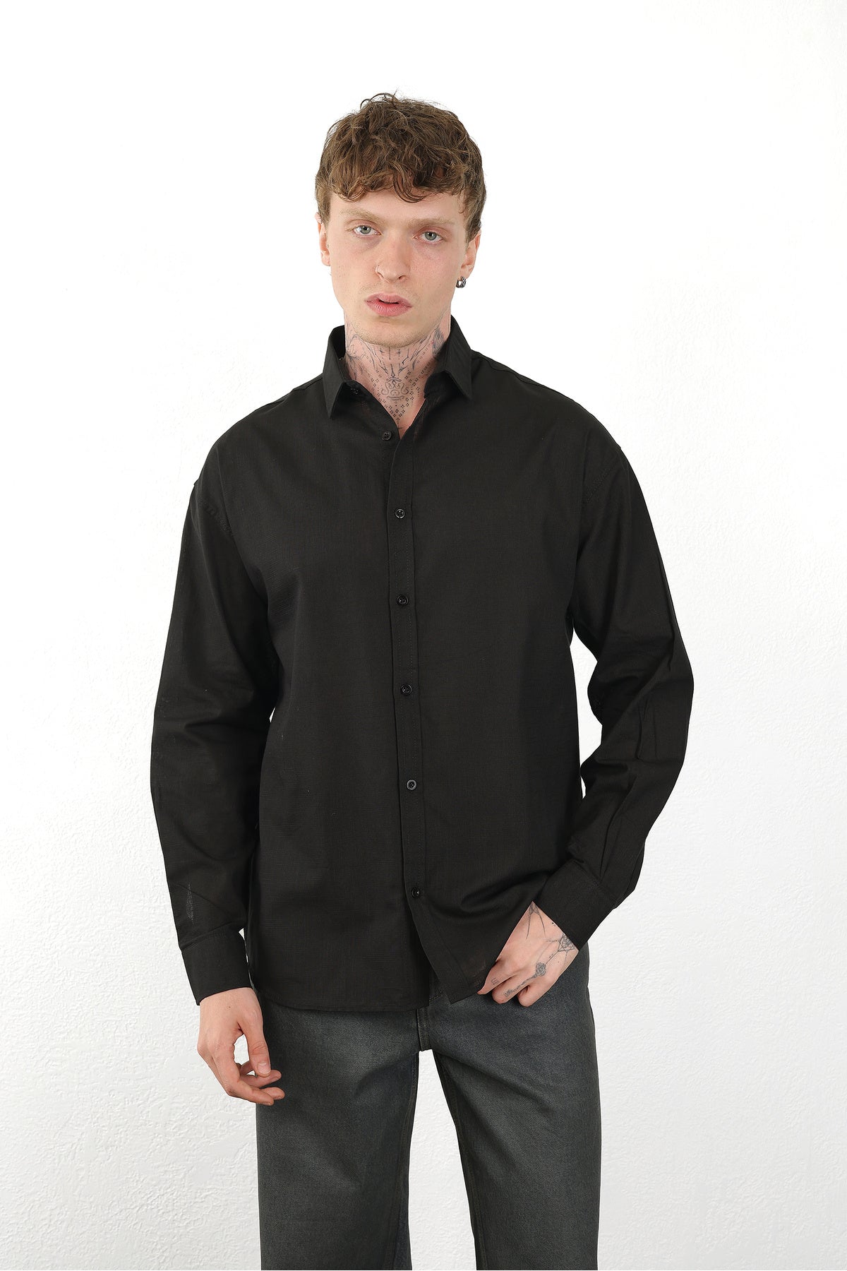 Keten Görünümlü %100 Pamuk Rahat Kalıp Düşük Omuz Erkek Sade Gömlek, Men's Plain Shirt | Renk: Siyah