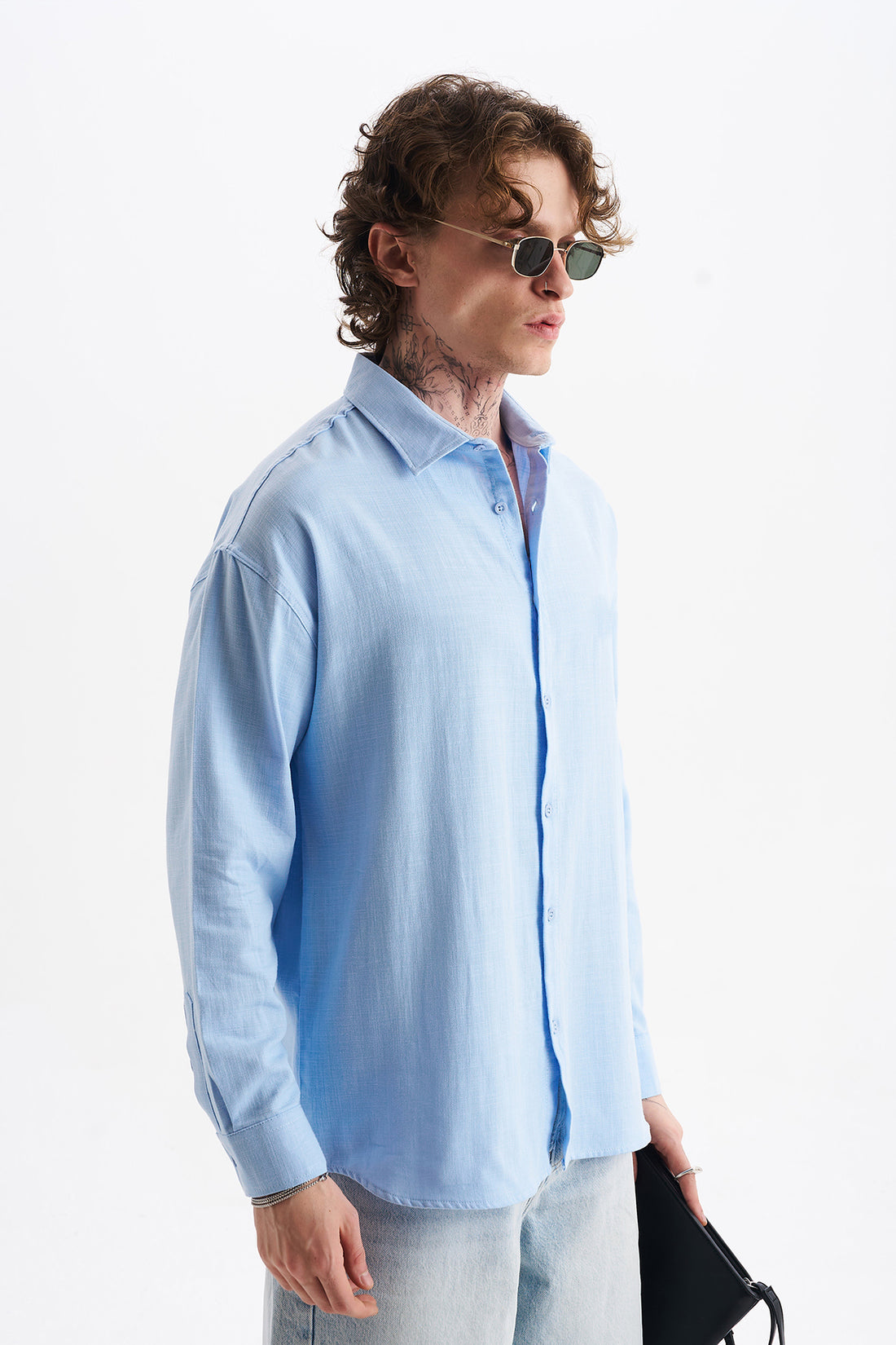 Keten Karışımlı %100 Pamuk Rahat Kalıp Düşük Omuz Erkek Sade Gömlek, Men's Plain Shirt