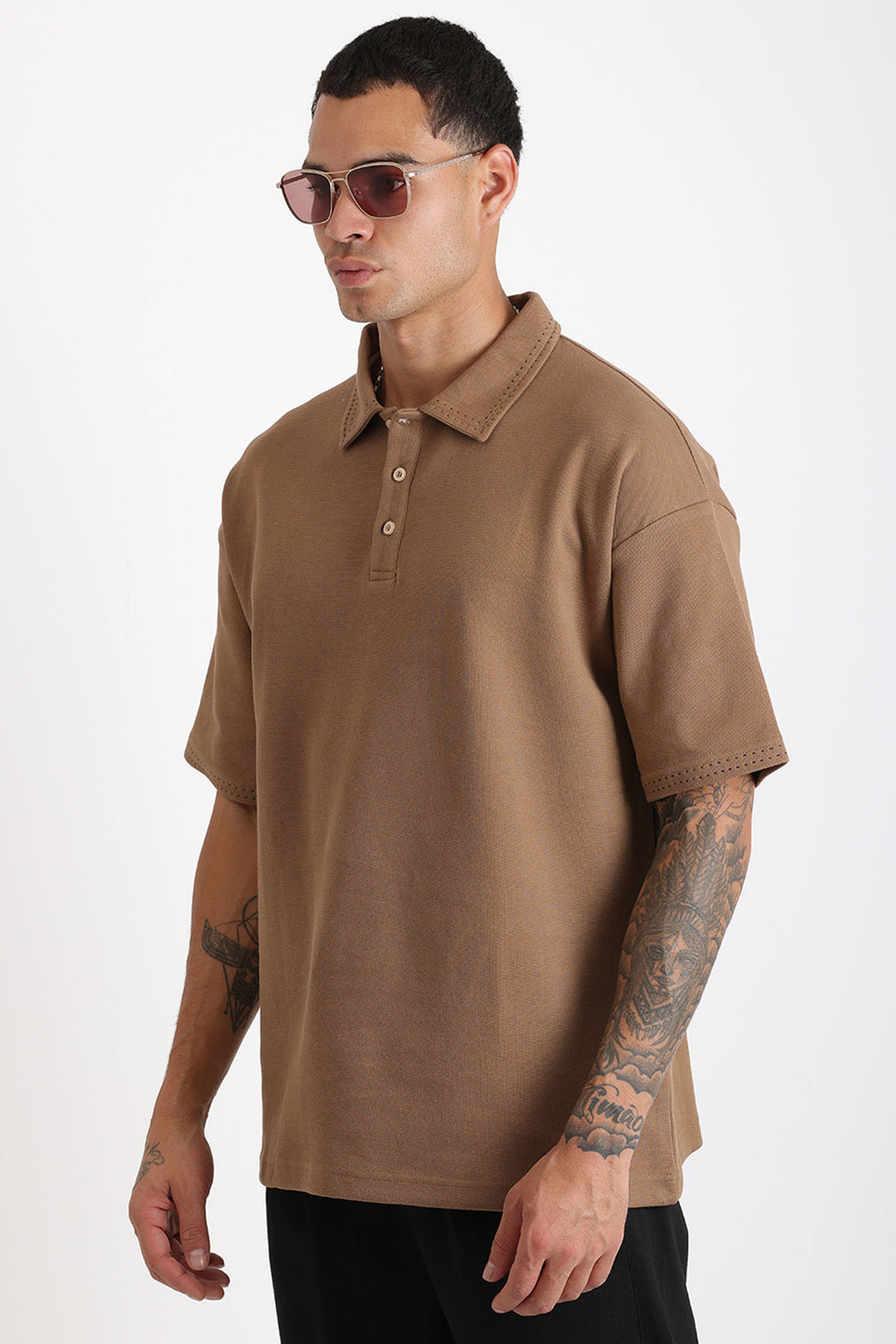 Yaka ve Kol Dikiş Detaylı Double Pike Kumaş Loose Fit Erkek Polo Yaka Tişört