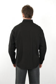 Keten Görünümlü %100 Pamuk Rahat Kalıp Düşük Omuz Erkek Sade Gömlek, Men's Plain Shirt | Renk: Siyah