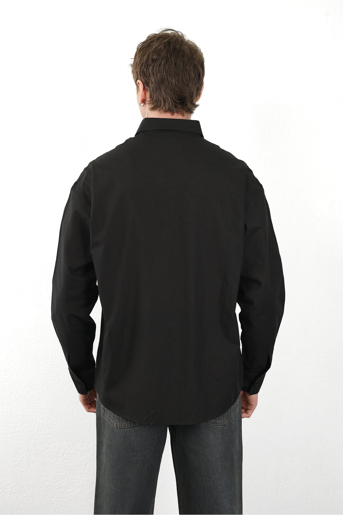 Keten Görünümlü %100 Pamuk Rahat Kalıp Düşük Omuz Erkek Sade Gömlek, Men's Plain Shirt | Renk: Siyah