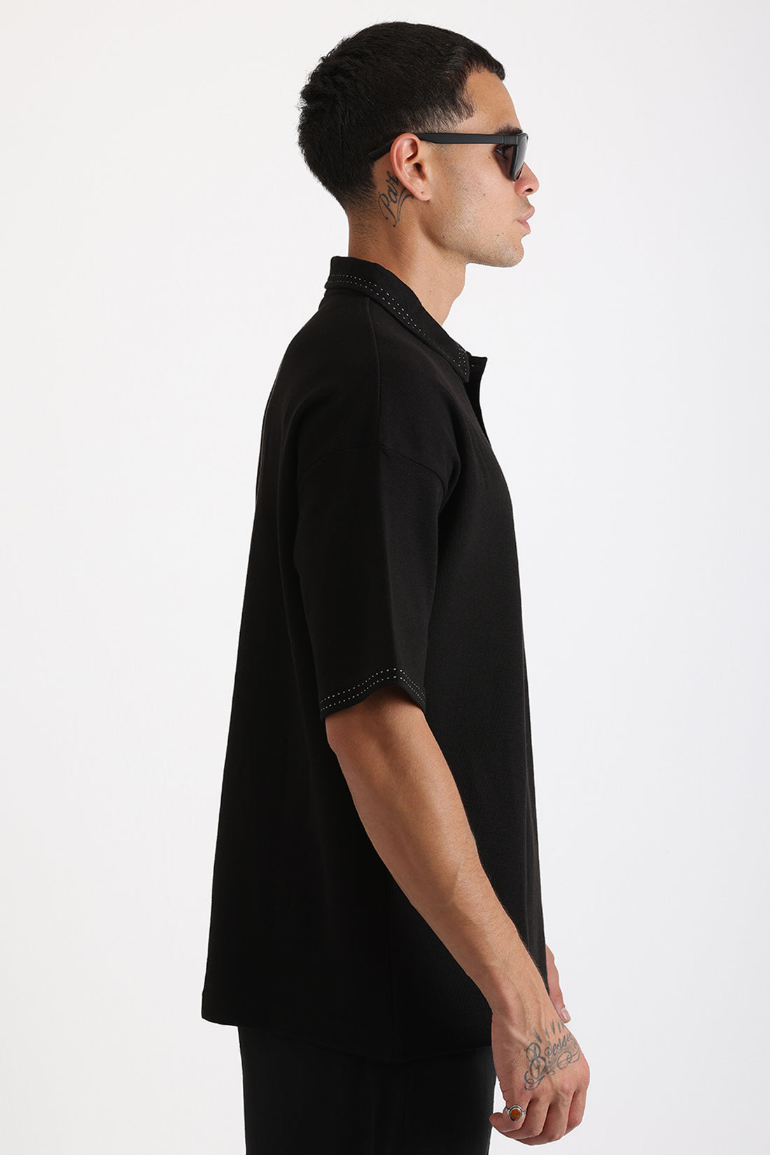Yaka ve Kol Dikiş Detaylı Double Pike Kumaş Loose Fit Erkek Polo Yaka Tişört