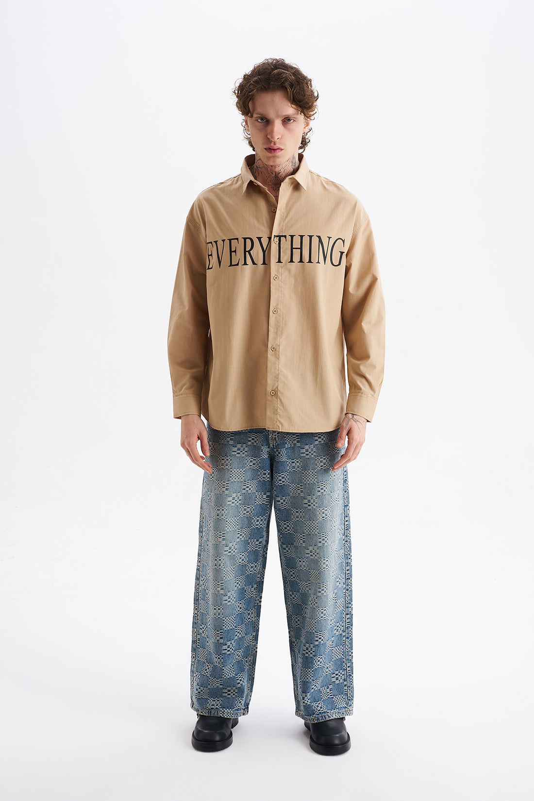 Poplin Kumaş, Rahat Kalıp Düşük Omuz, Erkek EVERYTHING Baskılı Gömlek, Men's Shirt