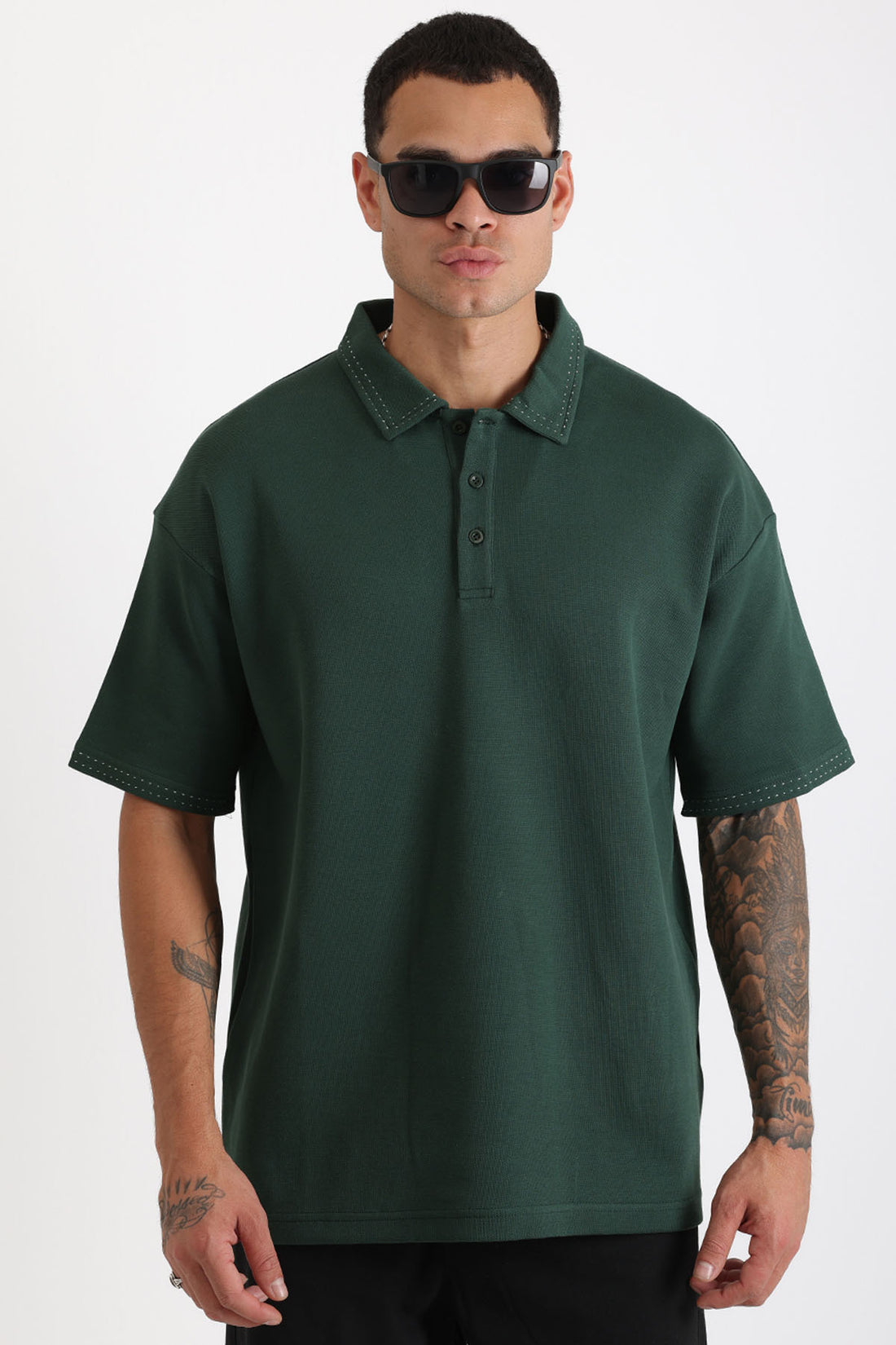 Yaka ve Kol Dikiş Detaylı Double Pike Kumaş Loose Fit Erkek Polo Yaka Tişört