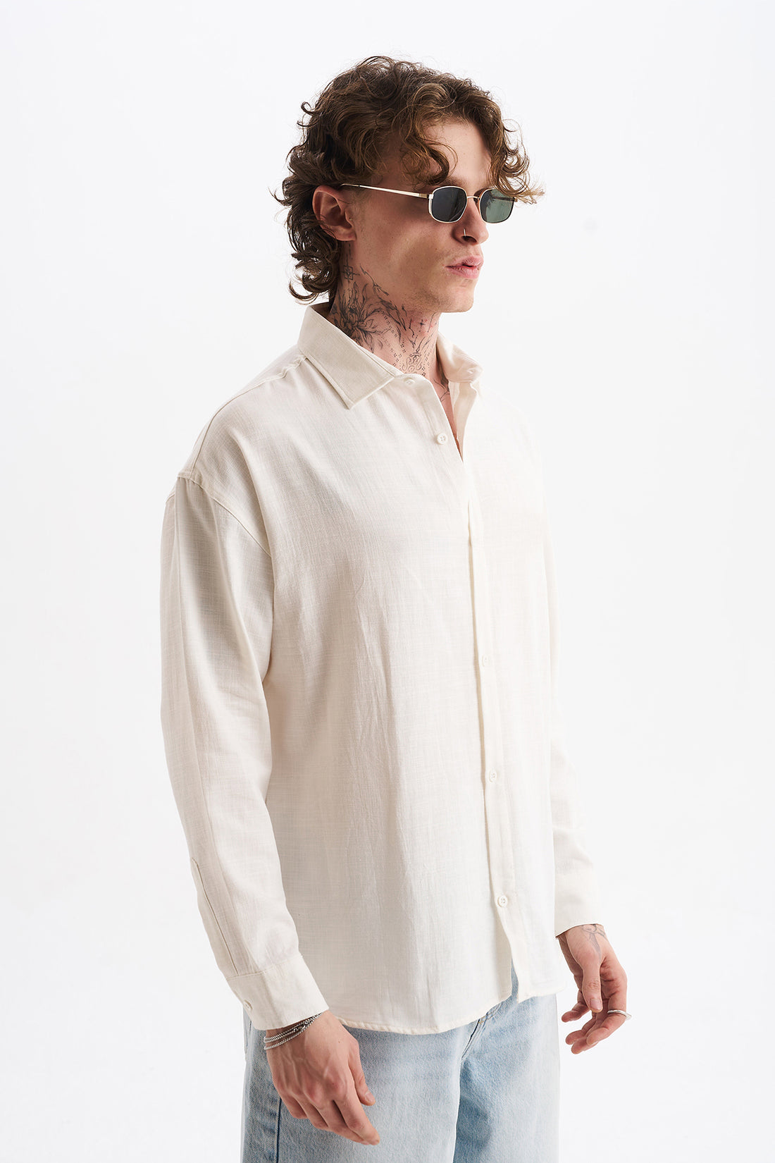 Keten Karışımlı %100 Pamuk Rahat Kalıp Düşük Omuz Erkek Sade Gömlek, Men's Plain Shirt