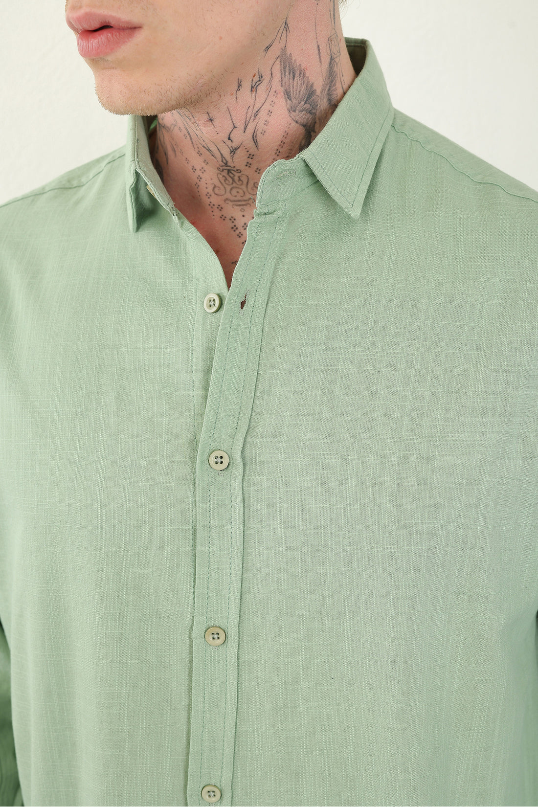 Keten Görünümlü %100 Pamuk Rahat Kalıp Düşük Omuz Erkek Sade Gömlek, Men's Plain Shirt