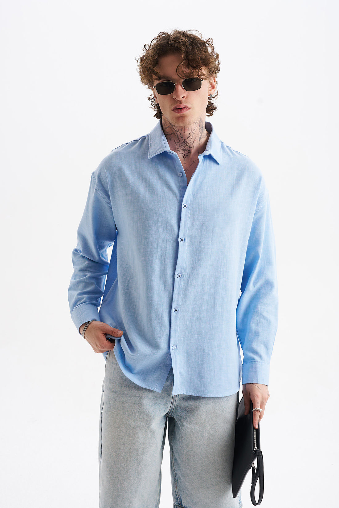 Keten Karışımlı %100 Pamuk Rahat Kalıp Düşük Omuz Erkek Sade Gömlek, Men's Plain Shirt