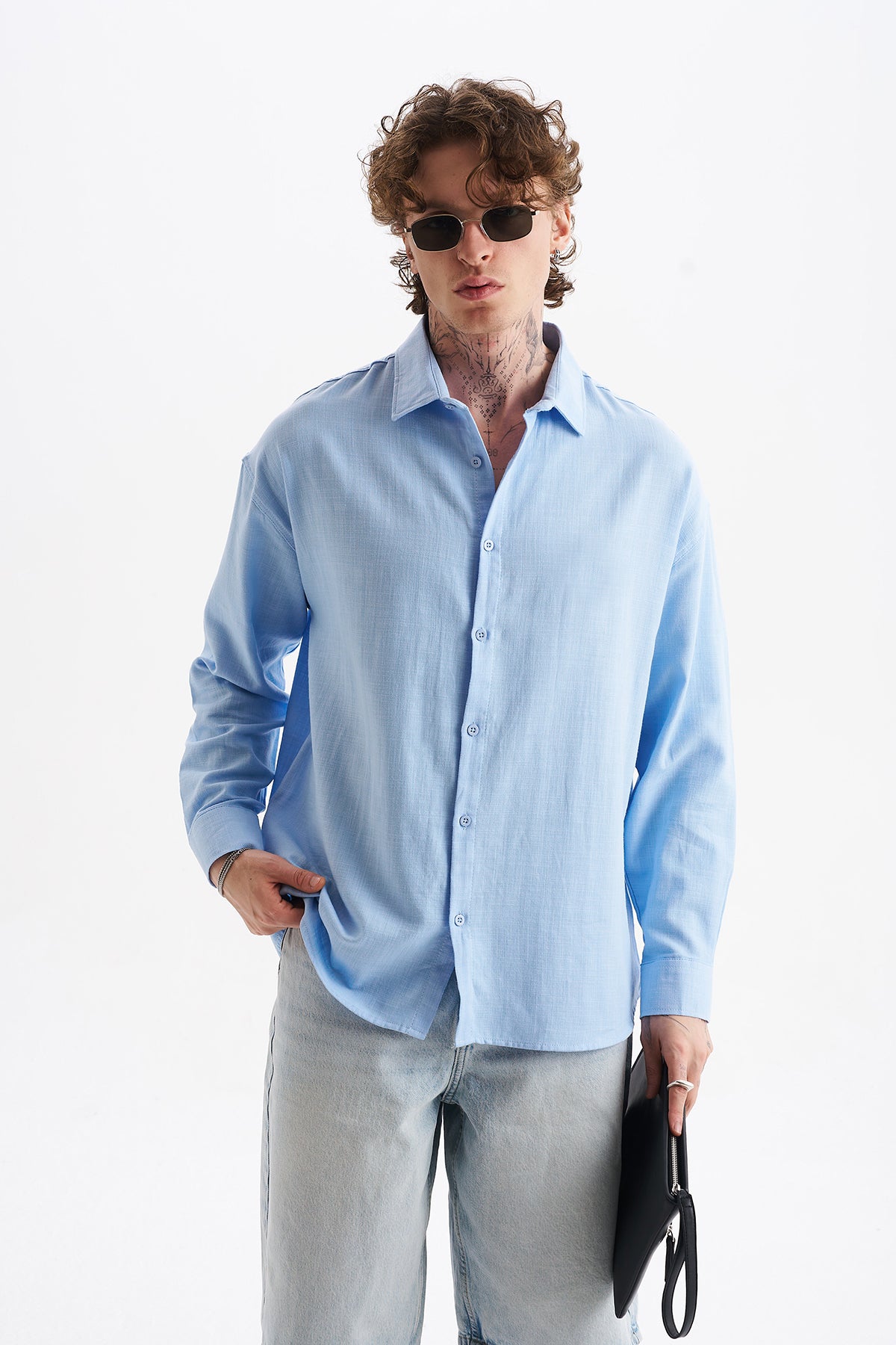 Keten Karışımlı %100 Pamuk Rahat Kalıp Düşük Omuz Erkek Sade Gömlek, Men's Plain Shirt | Renk: Bebe Mavi