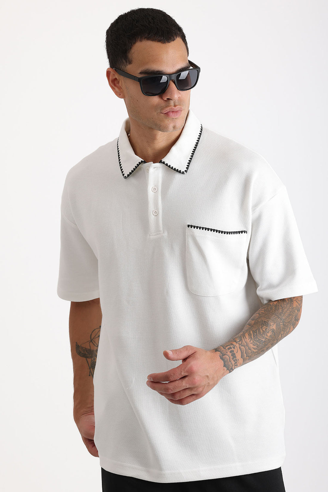 Yaka ve Cep Çoban Dikiş Detaylı Double Pike Kumaş Loose Fit Erkek Polo Yaka Tişört
