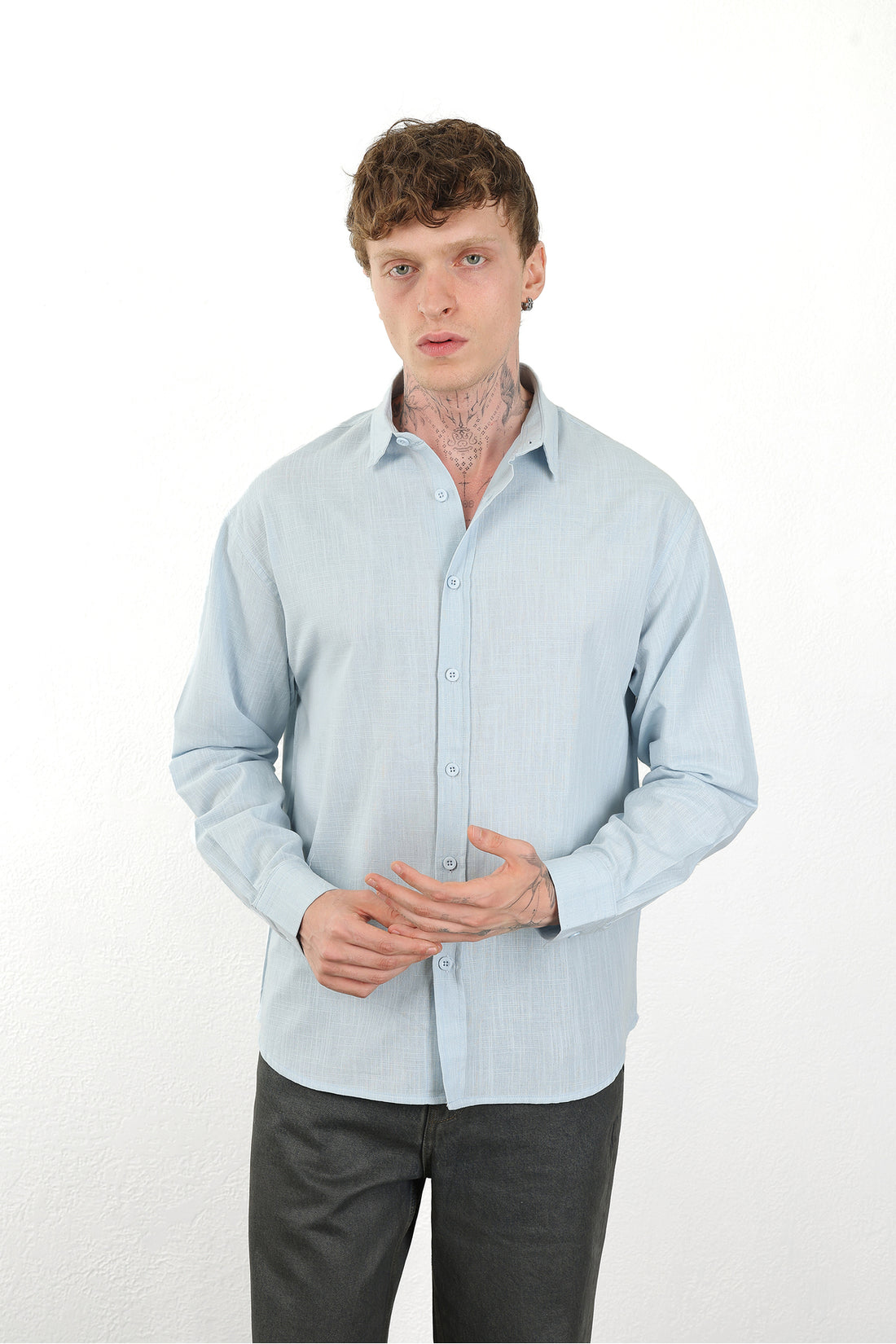 Keten Görünümlü %100 Pamuk Rahat Kalıp Düşük Omuz Erkek Sade Gömlek, Men's Plain Shirt