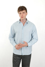 Keten Görünümlü %100 Pamuk Rahat Kalıp Düşük Omuz Erkek Sade Gömlek, Men's Plain Shirt | Renk: Mavi