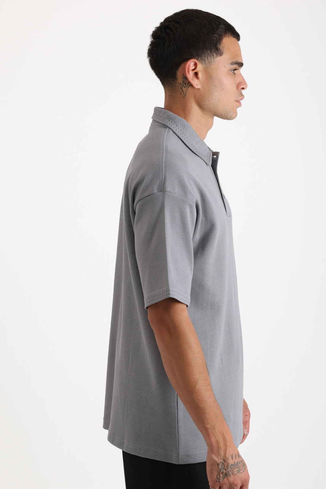 Yaka ve Kol Dikiş Detaylı Double Pike Kumaş Loose Fit Erkek Polo Yaka Tişört