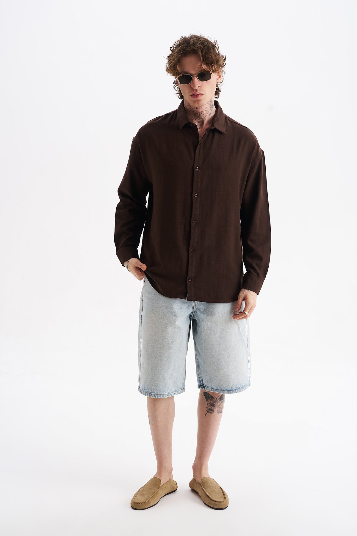 Keten Karışımlı %100 Pamuk Rahat Kalıp Düşük Omuz Erkek Sade Gömlek, Men's Plain Shirt | Renk: Kahverengi