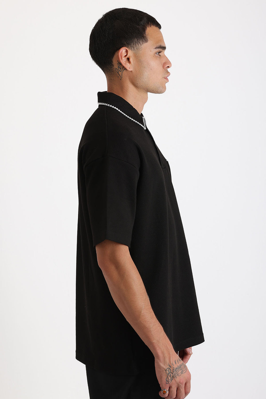 Yaka ve Cep Çoban Dikiş Detaylı Double Pike Kumaş Loose Fit Erkek Polo Yaka Tişört
