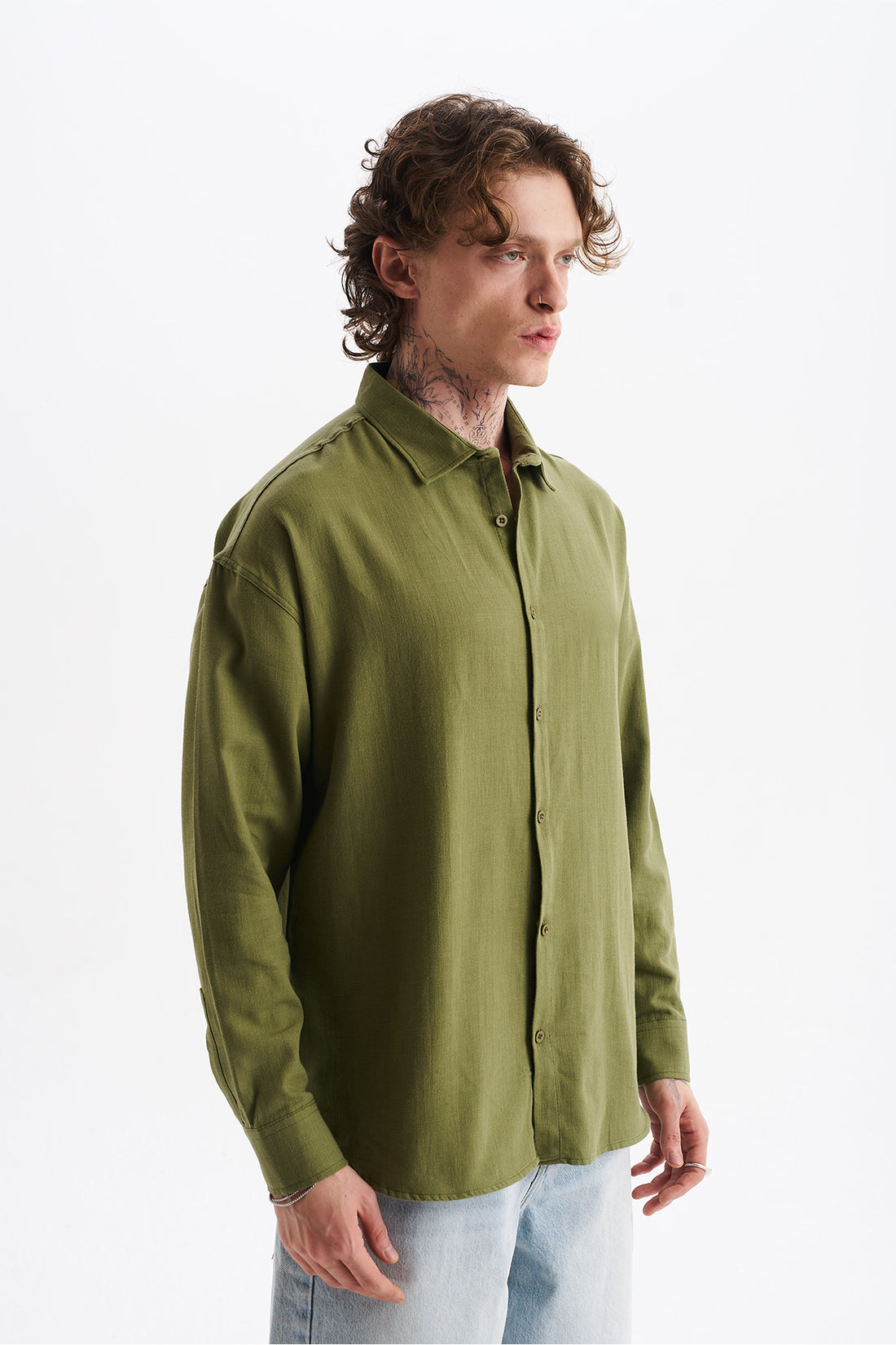 Keten Karışımlı %100 Pamuk Rahat Kalıp Düşük Omuz Erkek Sade Gömlek, Men's Plain Shirt