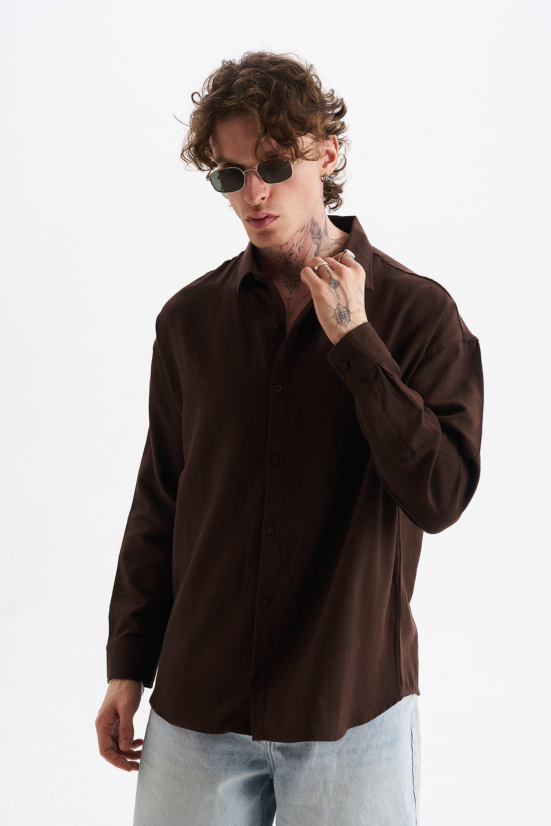 Keten Karışımlı %100 Pamuk Rahat Kalıp Düşük Omuz Erkek Sade Gömlek, Men's Plain Shirt