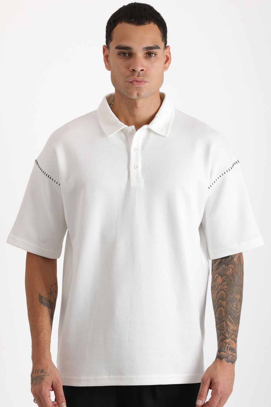 Omuz Çoban Dikiş Detaylı Double Pike Kumaş Loose Fit Erkek Polo Yaka Tişört