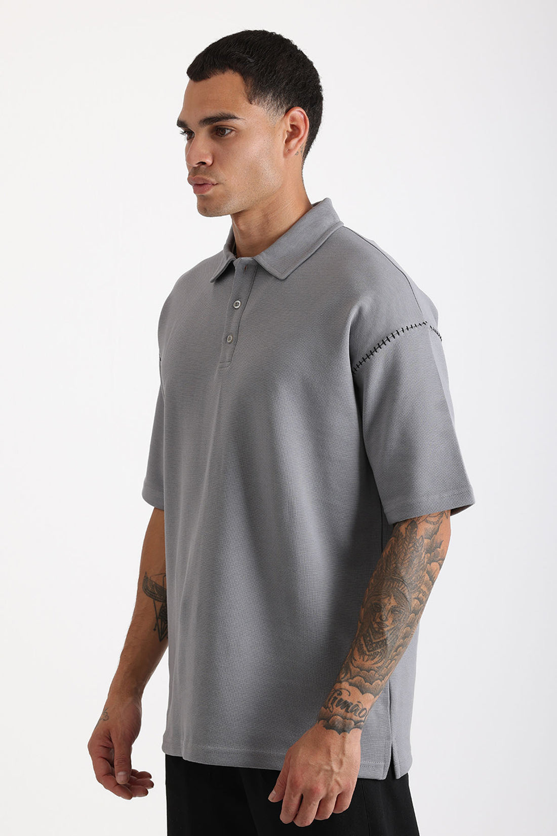 Omuz Çoban Dikiş Detaylı Double Pike Kumaş Loose Fit Erkek Polo Yaka Tişört