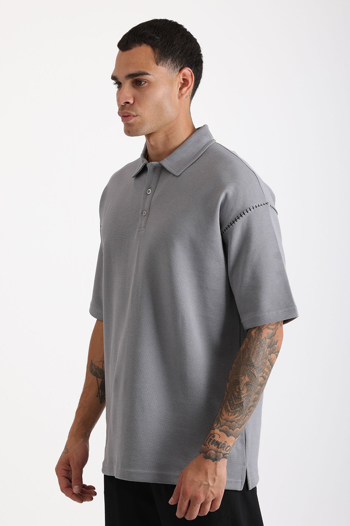 Omuz Çoban Dikiş Detaylı Double Pike Kumaş Loose Fit Erkek Polo Yaka Tişört | Renk: Gri