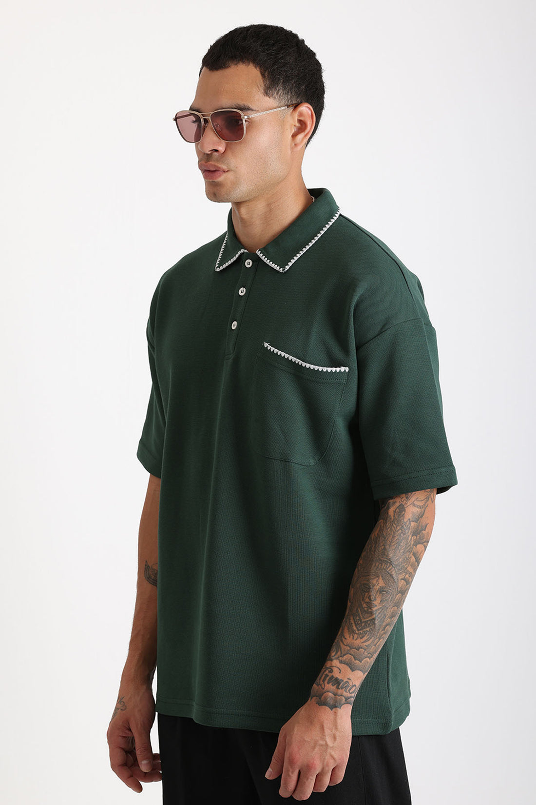 Yaka ve Cep Çoban Dikiş Detaylı Double Pike Kumaş Loose Fit Erkek Polo Yaka Tişört