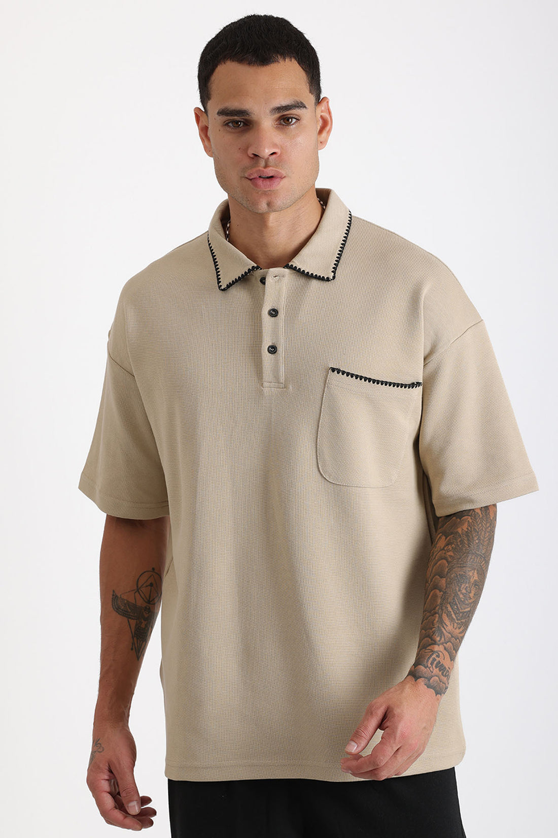 Yaka ve Cep Çoban Dikiş Detaylı Double Pike Kumaş Loose Fit Erkek Polo Yaka Tişört