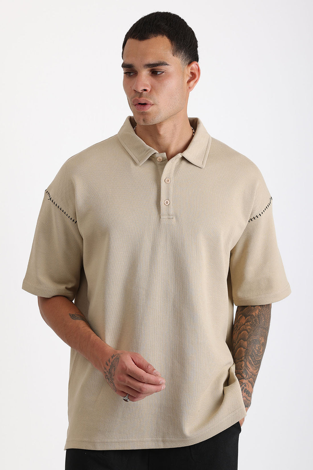 Omuz Çoban Dikiş Detaylı Double Pike Kumaş Loose Fit Erkek Polo Yaka Tişört