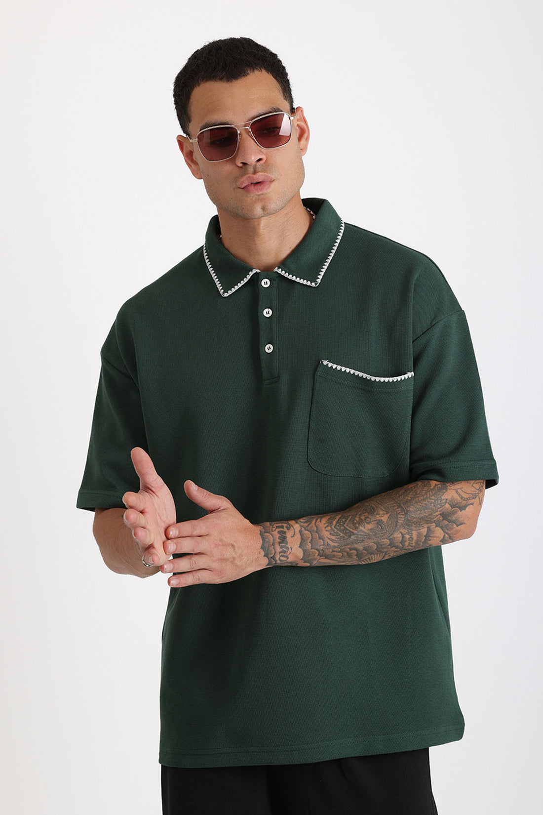Yaka ve Cep Çoban Dikiş Detaylı Double Pike Kumaş Loose Fit Erkek Polo Yaka Tişört