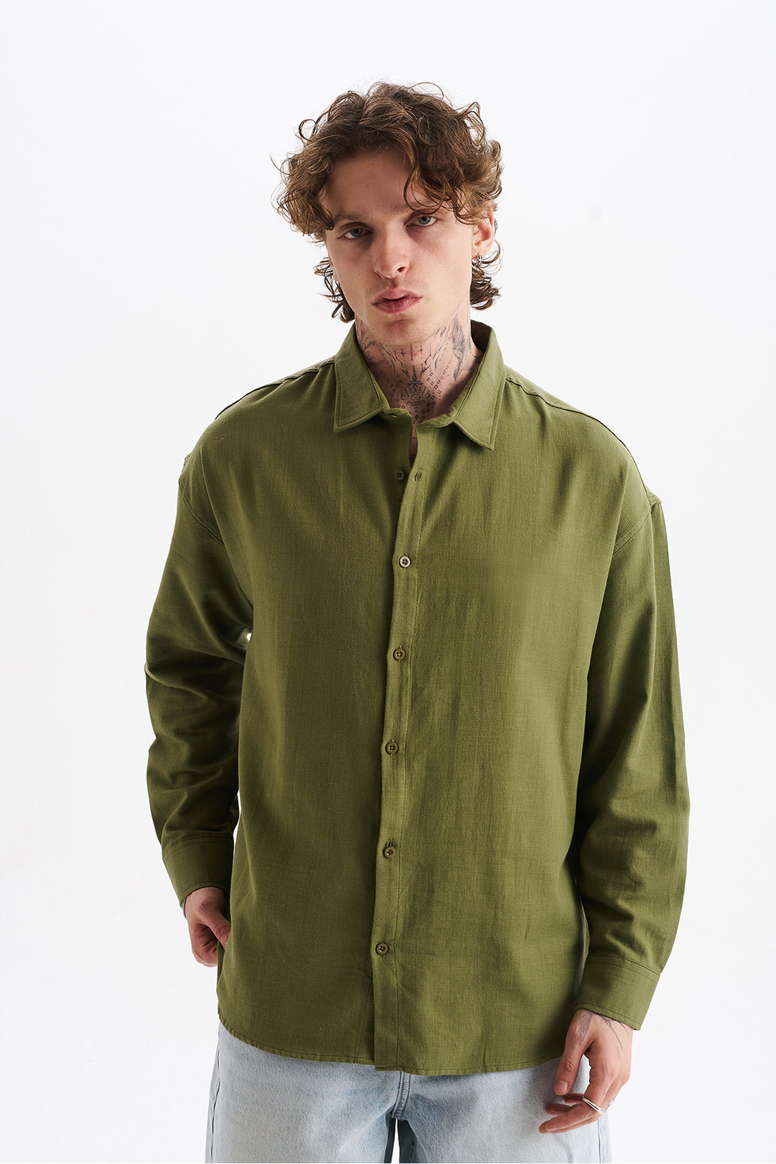 Keten Karışımlı %100 Pamuk Rahat Kalıp Düşük Omuz Erkek Sade Gömlek, Men's Plain Shirt