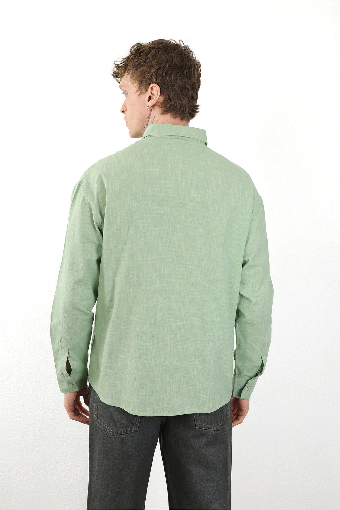 Keten Görünümlü %100 Pamuk Rahat Kalıp Düşük Omuz Erkek Sade Gömlek, Men's Plain Shirt