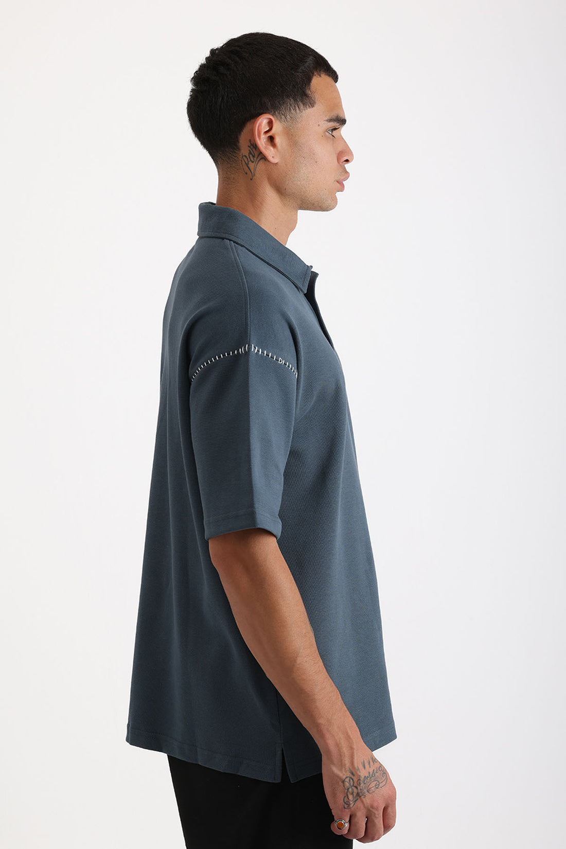 Omuz Çoban Dikiş Detaylı Double Pike Kumaş Loose Fit Erkek Polo Yaka Tişört