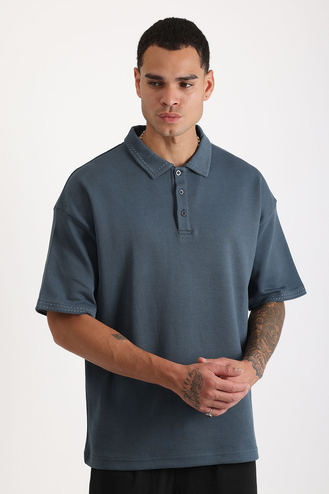 Yaka ve Kol Dikiş Detaylı Double Pike Kumaş Loose Fit Erkek Polo Yaka Tişört