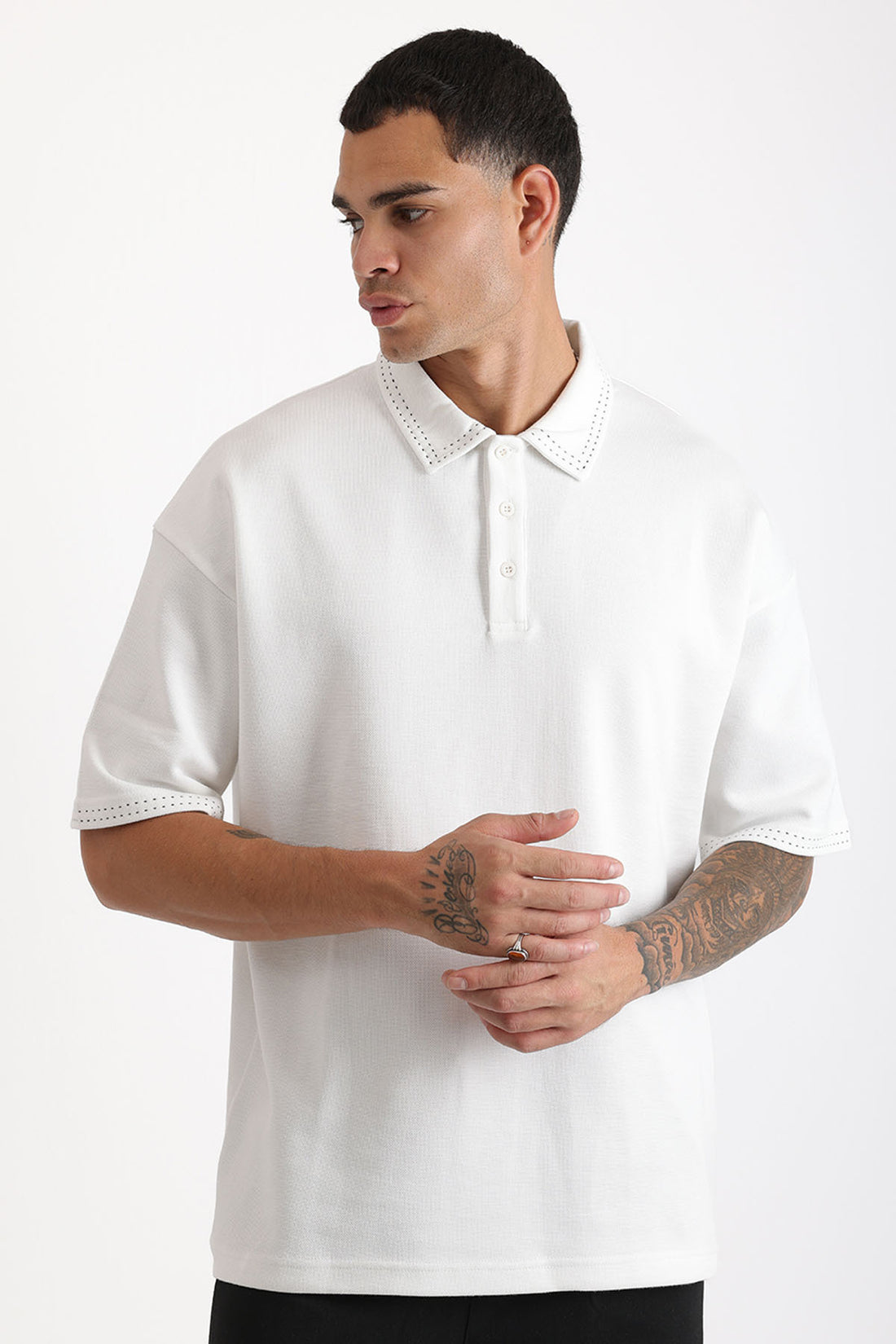Yaka ve Kol Dikiş Detaylı Double Pike Kumaş Loose Fit Erkek Polo Yaka Tişört