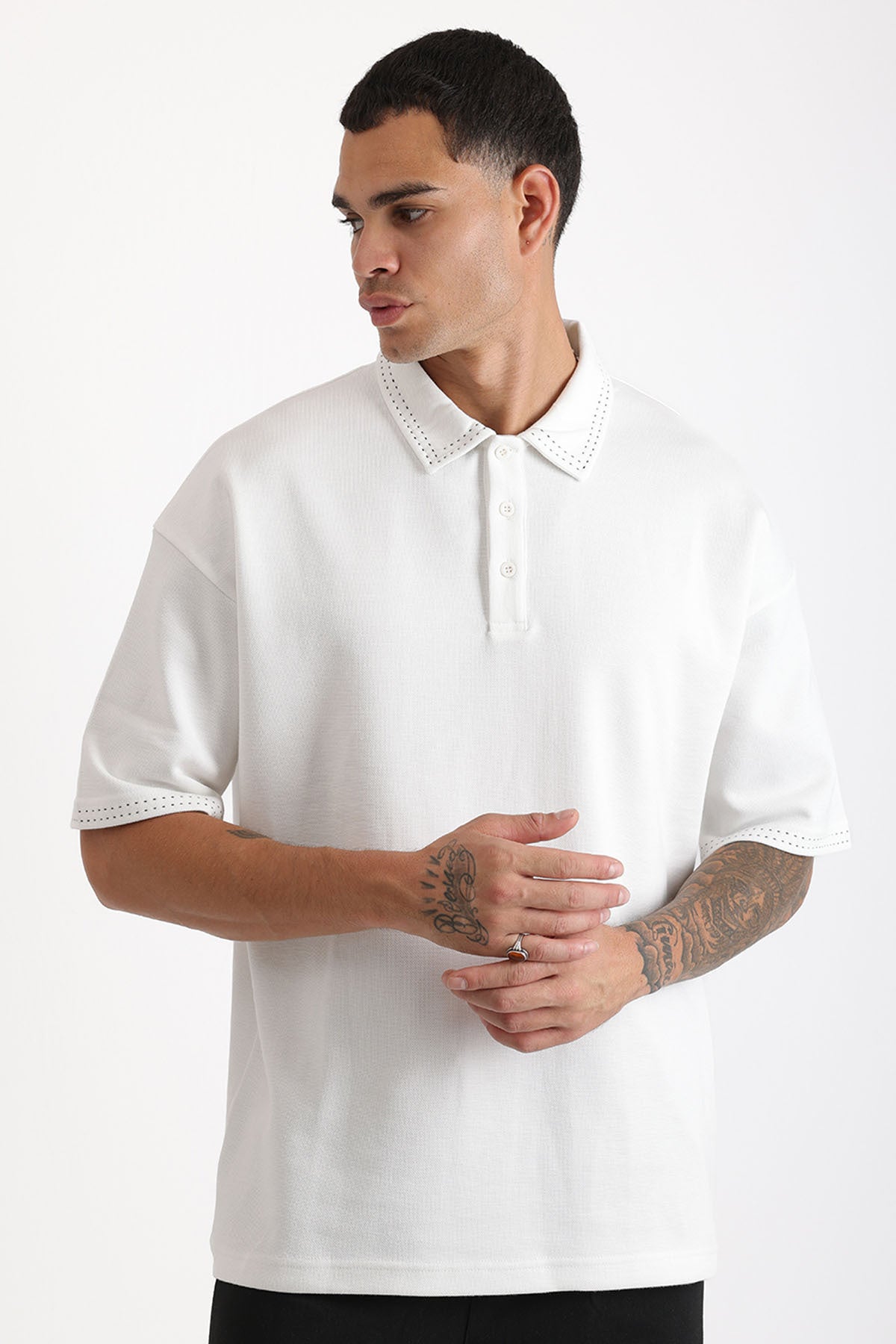 Yaka ve Kol Dikiş Detaylı Double Pike Kumaş Loose Fit Erkek Polo Yaka Tişört | Renk: Ekru