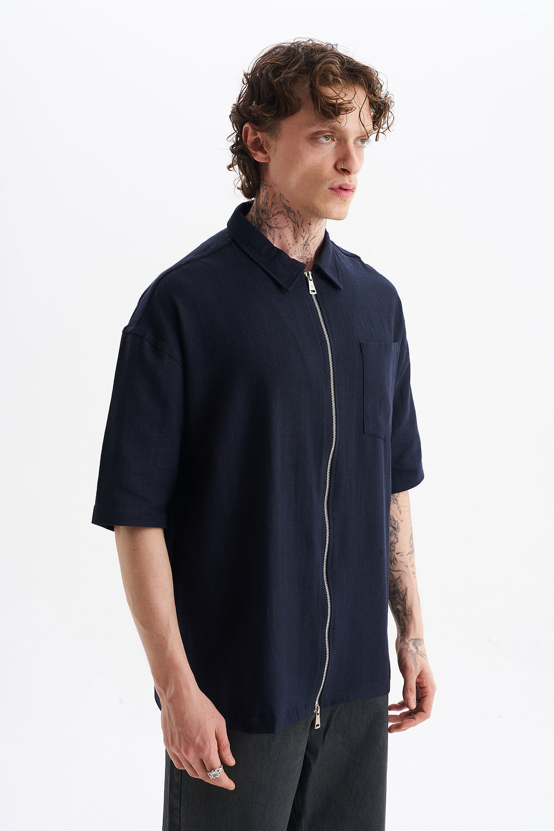 Keten Karışımlı, Rahat Kalıp, Düşük Omuz, Erkek Fermuar Kapamalı Sade Gömlek, Men's Plain Shirt