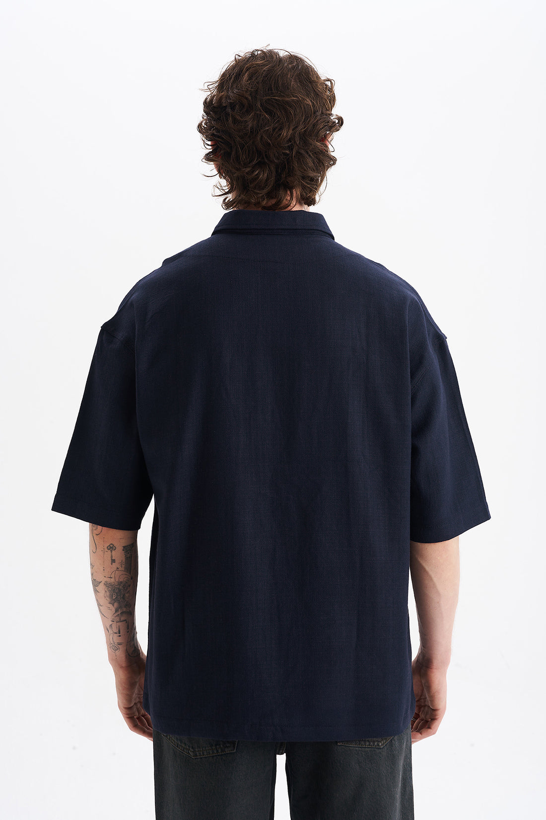 Keten Karışımlı, Rahat Kalıp, Düşük Omuz, Erkek Fermuar Kapamalı Sade Gömlek, Men's Plain Shirt