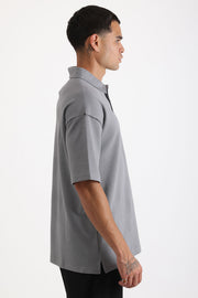 Omuz Çoban Dikiş Detaylı Double Pike Kumaş Loose Fit Erkek Polo Yaka Tişört | Renk: Gri