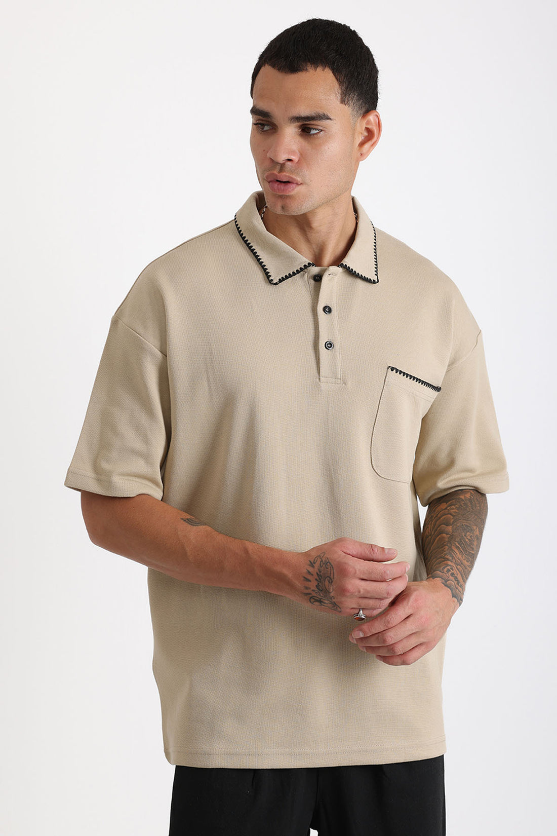 Yaka ve Cep Çoban Dikiş Detaylı Double Pike Kumaş Loose Fit Erkek Polo Yaka Tişört