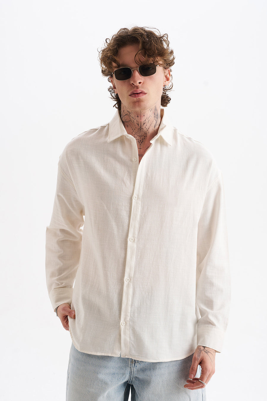 Keten Karışımlı %100 Pamuk Rahat Kalıp Düşük Omuz Erkek Sade Gömlek, Men's Plain Shirt