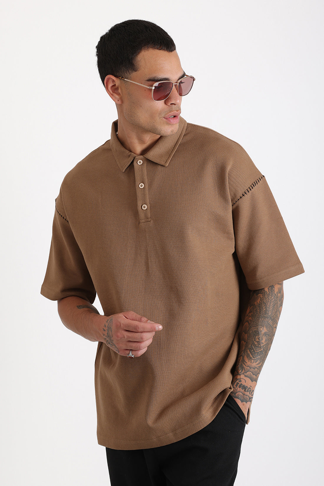 Omuz Çoban Dikiş Detaylı Double Pike Kumaş Loose Fit Erkek Polo Yaka Tişört