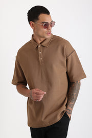 Omuz Çoban Dikiş Detaylı Double Pike Kumaş Loose Fit Erkek Polo Yaka Tişört | Renk: Kahverengi