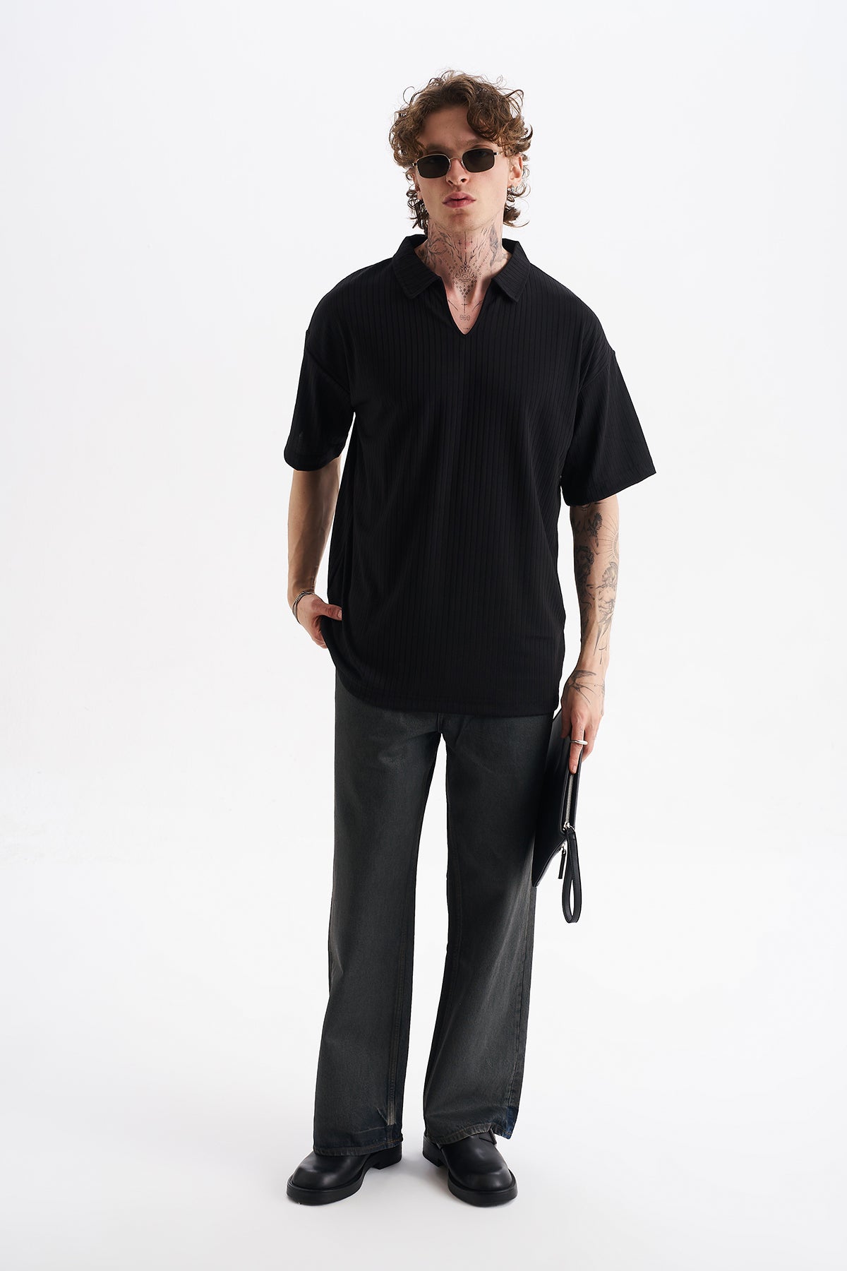 Kalın Örgülü Fitilli Kumaş, Erkek Armut Polo Yaka Tişört, Men's Polo Neck T-Shirt | Renk: Siyah