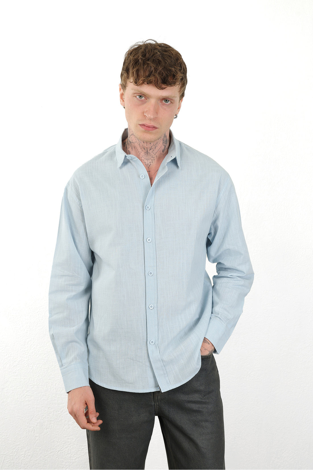 Keten Görünümlü %100 Pamuk Rahat Kalıp Düşük Omuz Erkek Sade Gömlek, Men's Plain Shirt