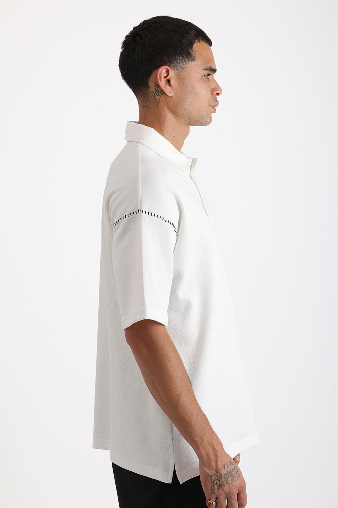 Omuz Çoban Dikiş Detaylı Double Pike Kumaş Loose Fit Erkek Polo Yaka Tişört