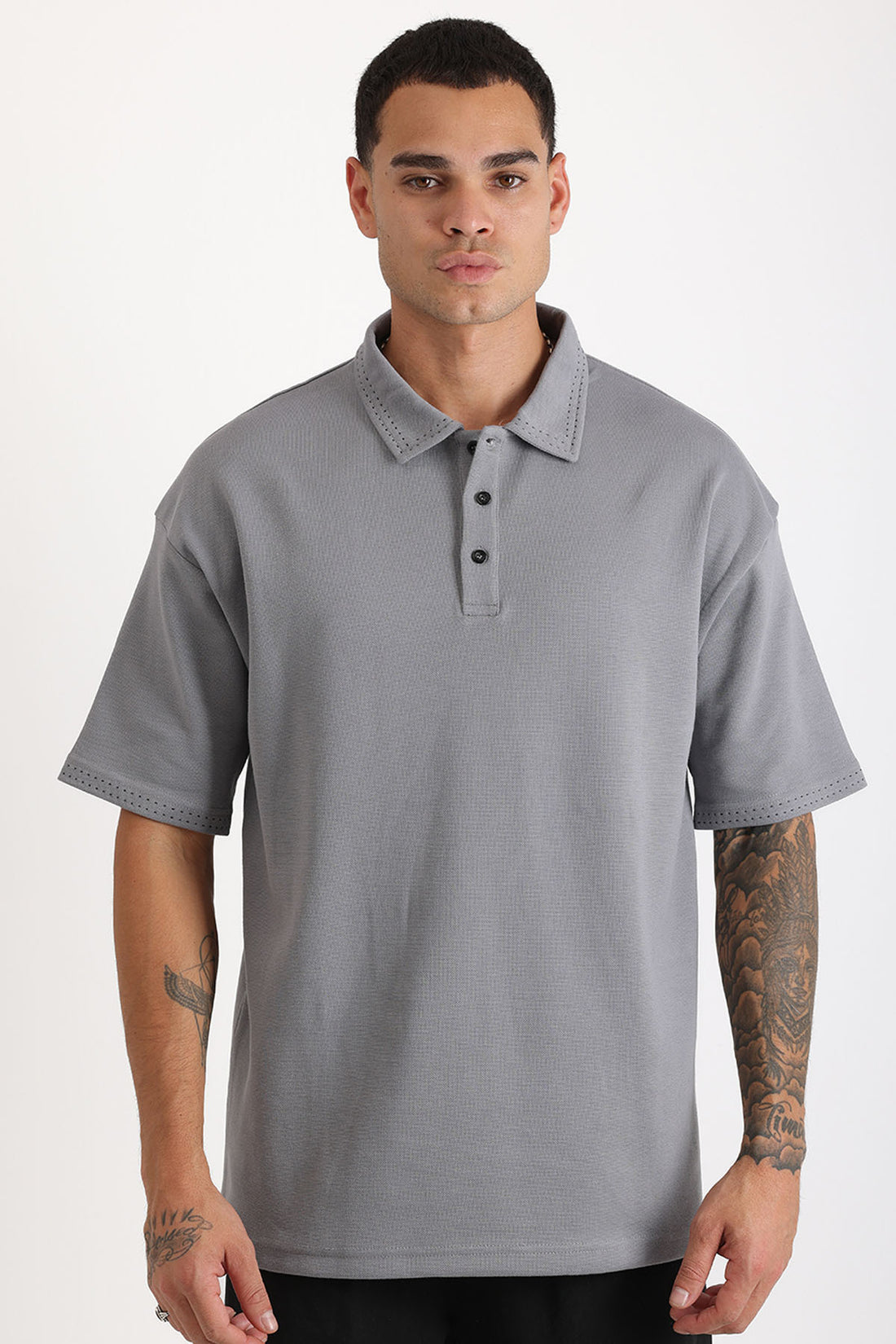Yaka ve Kol Dikiş Detaylı Double Pike Kumaş Loose Fit Erkek Polo Yaka Tişört