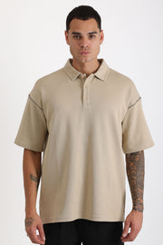 Omuz Çoban Dikiş Detaylı Double Pike Kumaş Loose Fit Erkek Polo Yaka Tişört | Renk: Bej