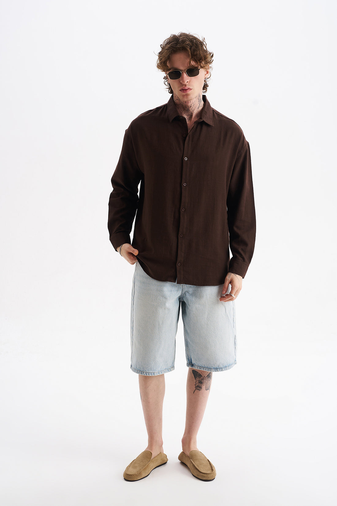 Keten Karışımlı %100 Pamuk Rahat Kalıp Düşük Omuz Erkek Sade Gömlek, Men's Plain Shirt