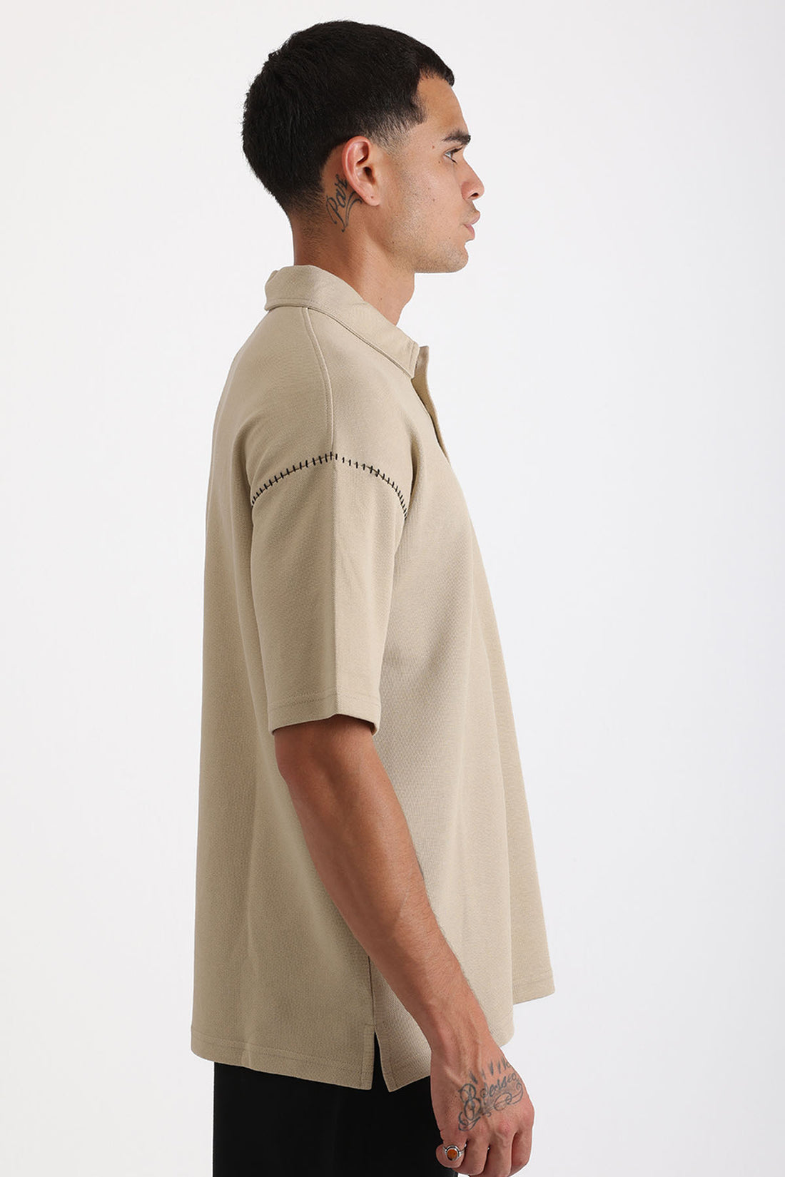 Omuz Çoban Dikiş Detaylı Double Pike Kumaş Loose Fit Erkek Polo Yaka Tişört