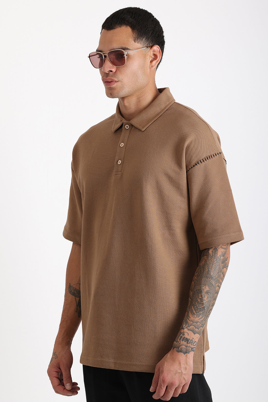 Omuz Çoban Dikiş Detaylı Double Pike Kumaş Loose Fit Erkek Polo Yaka Tişört