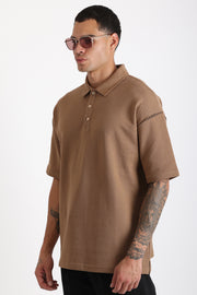 Omuz Çoban Dikiş Detaylı Double Pike Kumaş Loose Fit Erkek Polo Yaka Tişört | Renk: Kahverengi